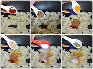 Aloo in pan and spices added