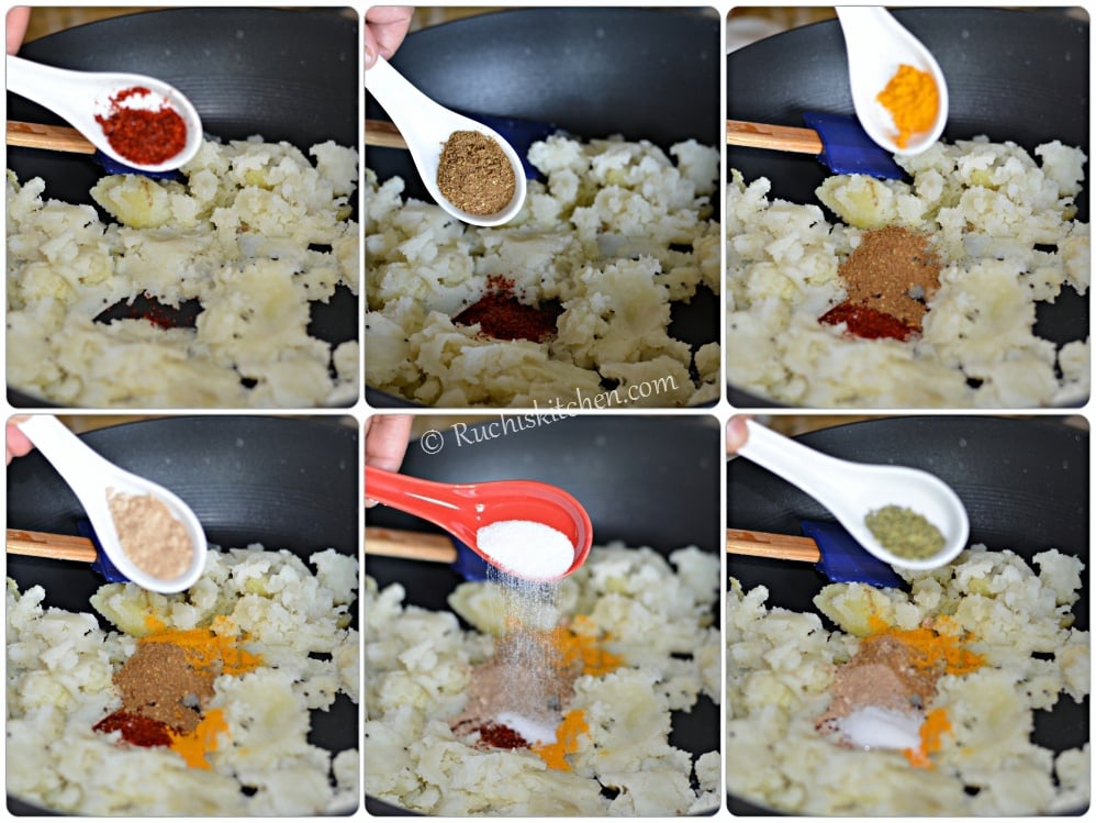 Aloo in pan and spices added