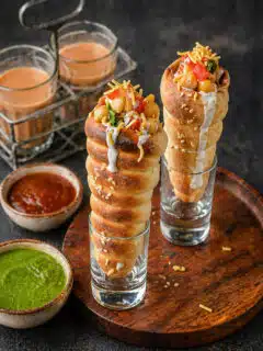 Crispy Chatpati Cone Chaat filled with potatoes, chickpeas, yogurt, chutneys, onions, tomatoes, and sev