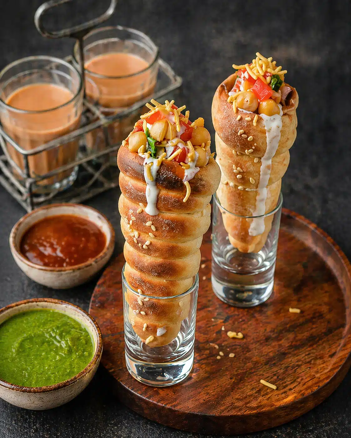 Crispy Chatpati Cone Chaat filled with potatoes, chickpeas, yogurt, chutneys, onions, tomatoes, and sev
