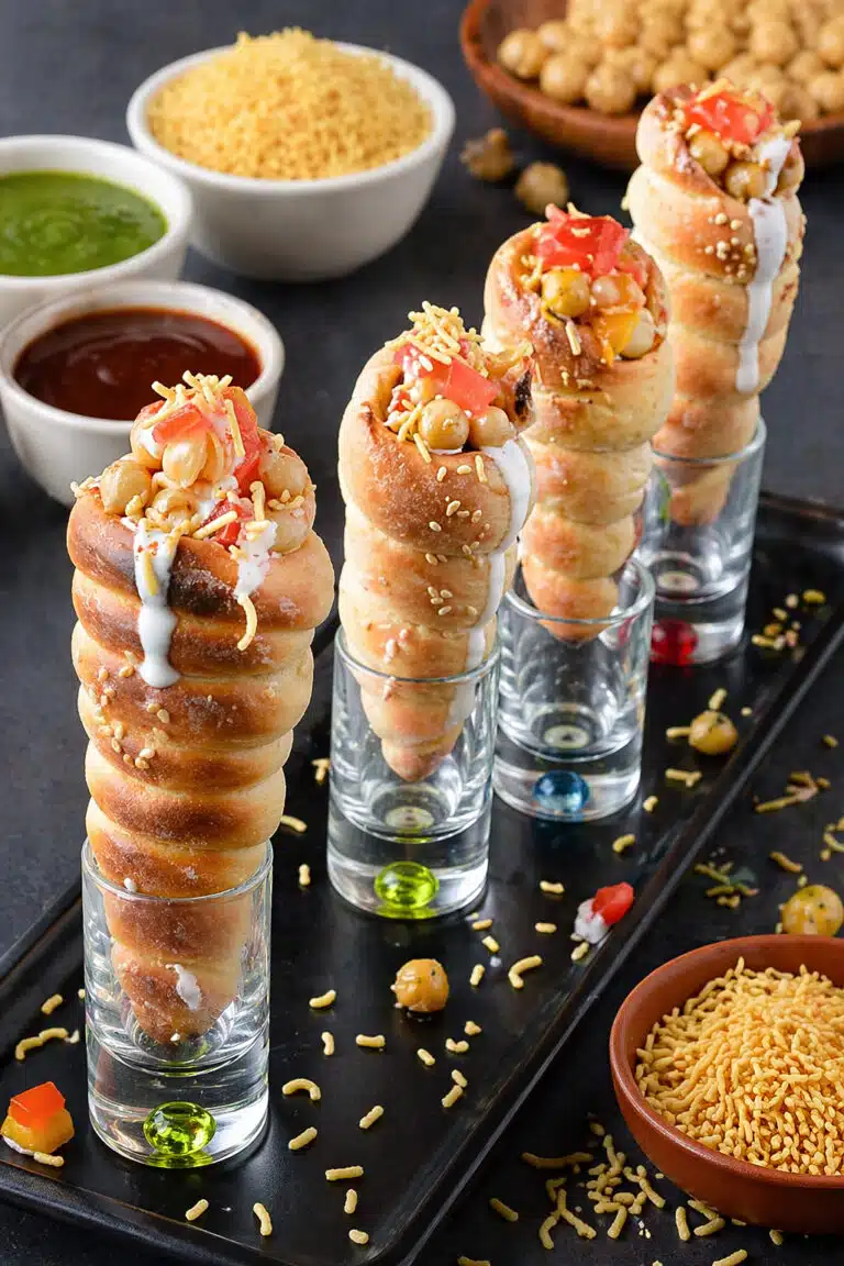 Baked and fried crispy chaat recipe with spicy aloo filling, chickpeas, chaat masala, and fresh cilantro