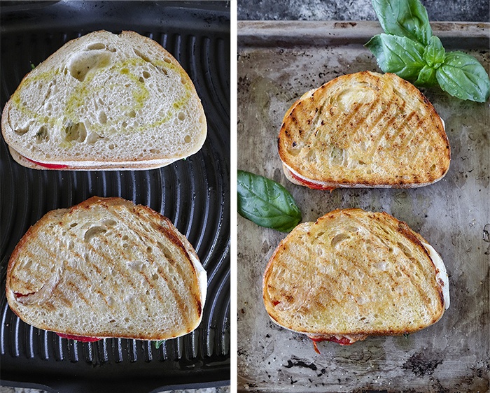 Margherita Sandwich grilling on a griddle