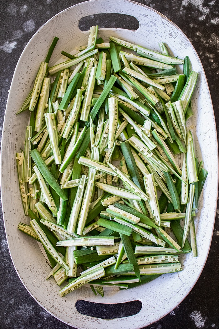 Bhindi sliced in half