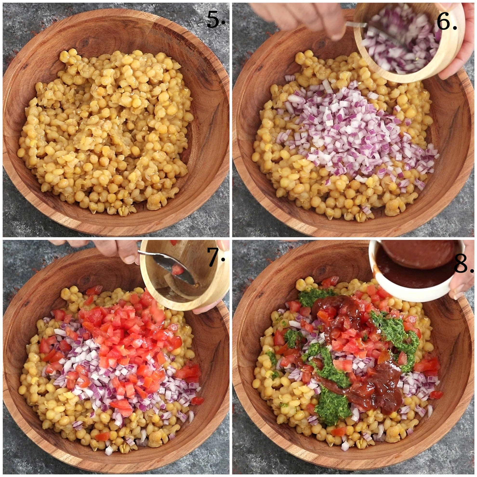 Assembling onion, tomato, and chutneys to mata