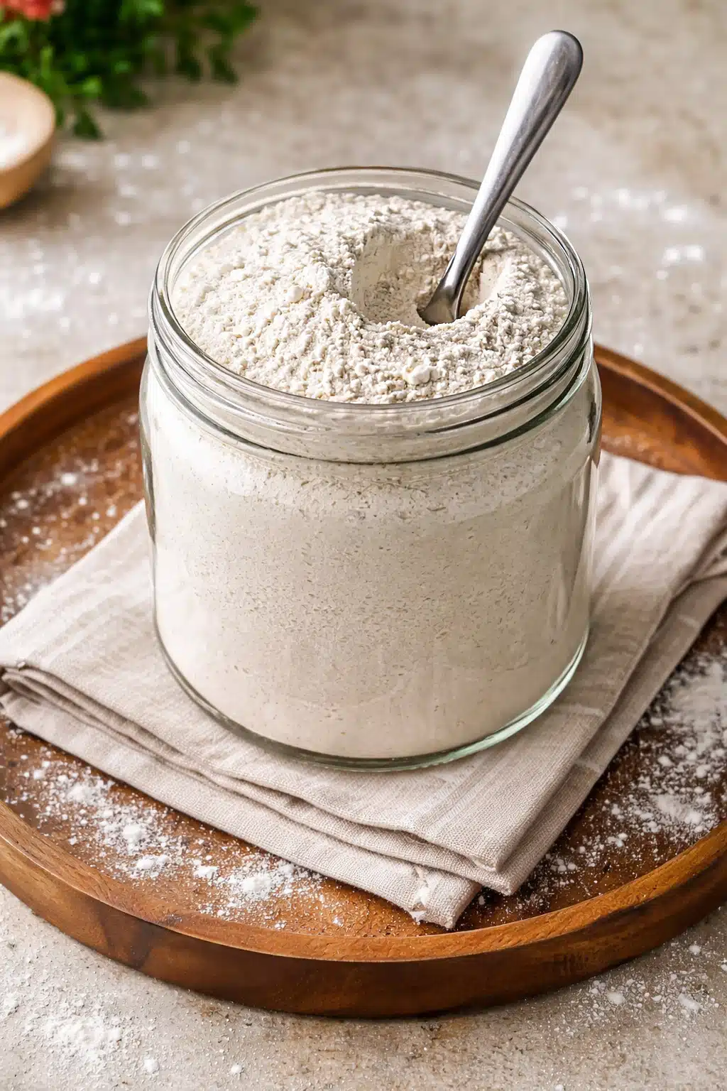 Grainy homemade uttapam mix in a round jar with spoon and flour sprinkled around