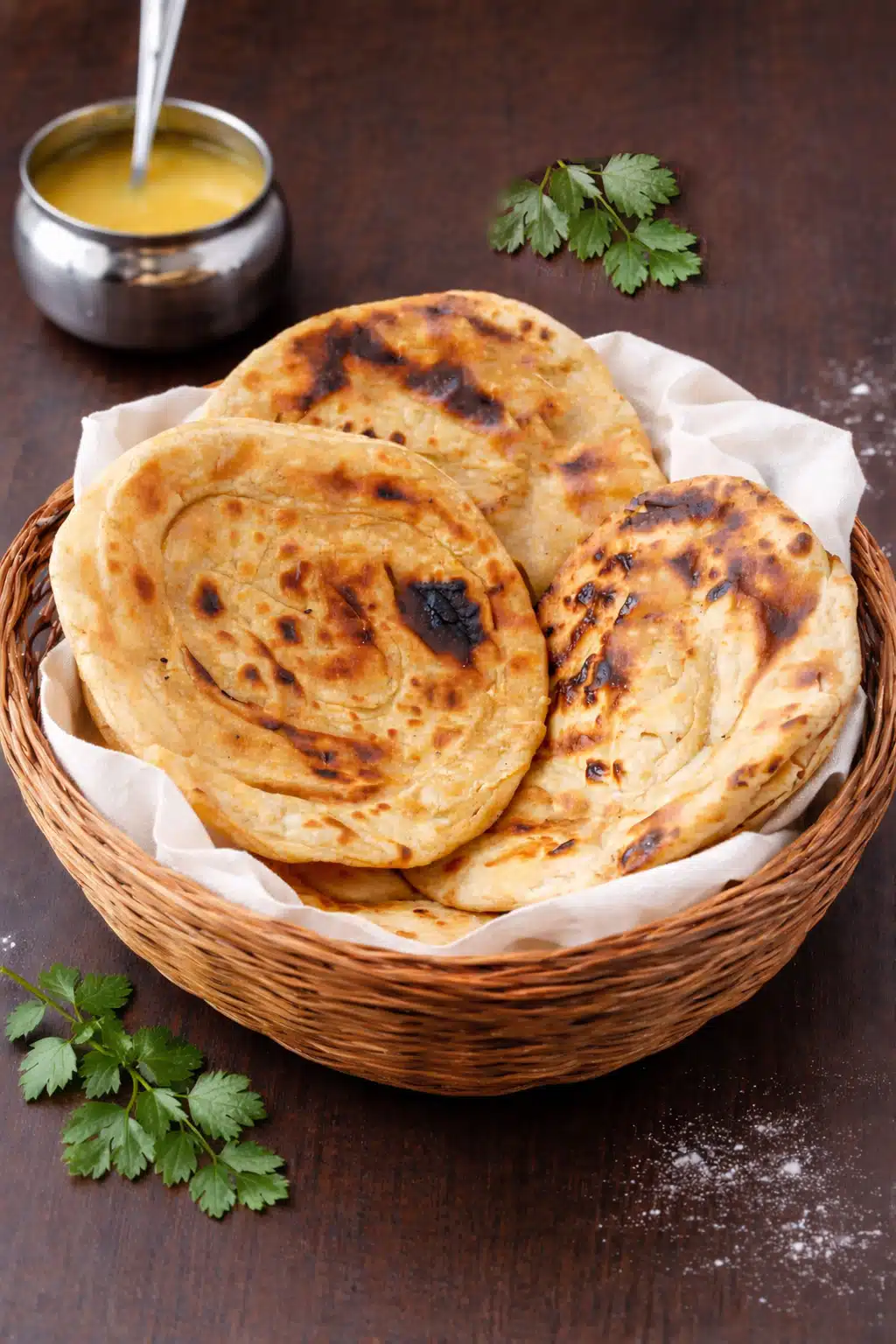 Rustic no-oven tandoori roti brushed with ghee
