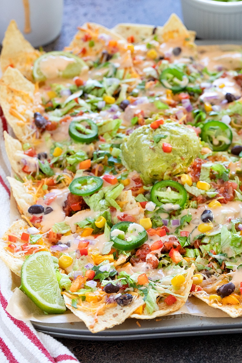 Vegetarian nachos on a pan