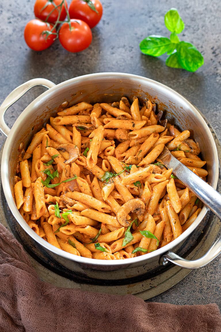 Ready to serve Penne Rosa in a cooking pan