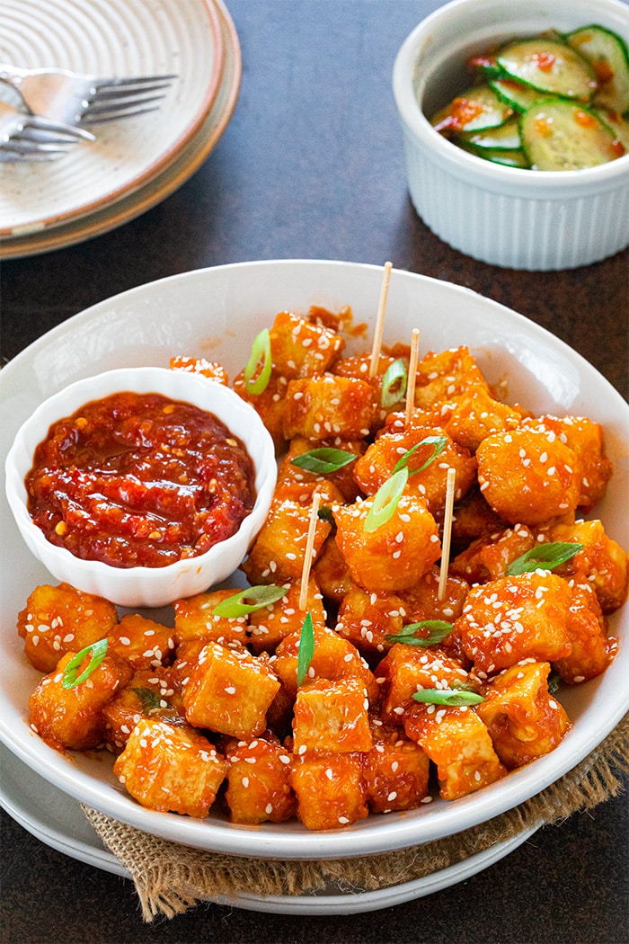 Sweet chili tofu in a white bowl