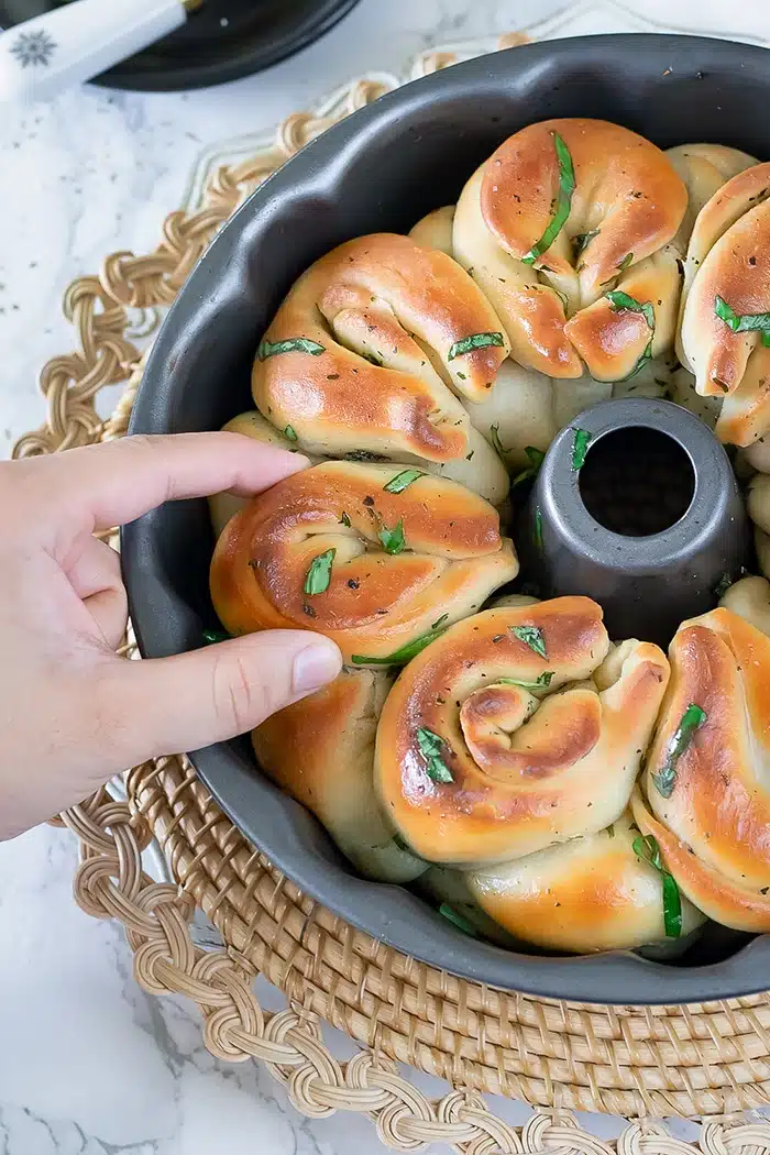 Easy One Hour Pull-Apart Garlic Rolls in a tube pan