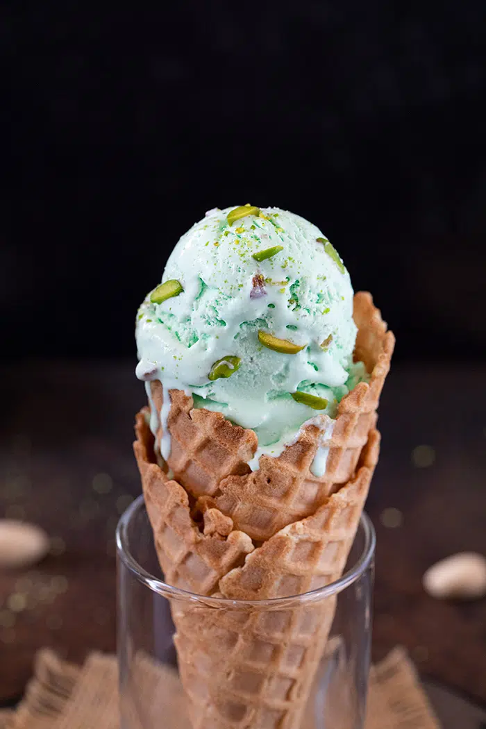 No churn Pistachio Eggless icecream in a waffle cone