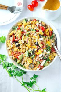 Healthy Pasta Salad in a bowl with feta cheese