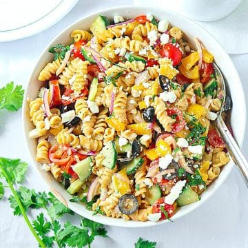 Healthy Pasta Salad in a bowl with feta cheese