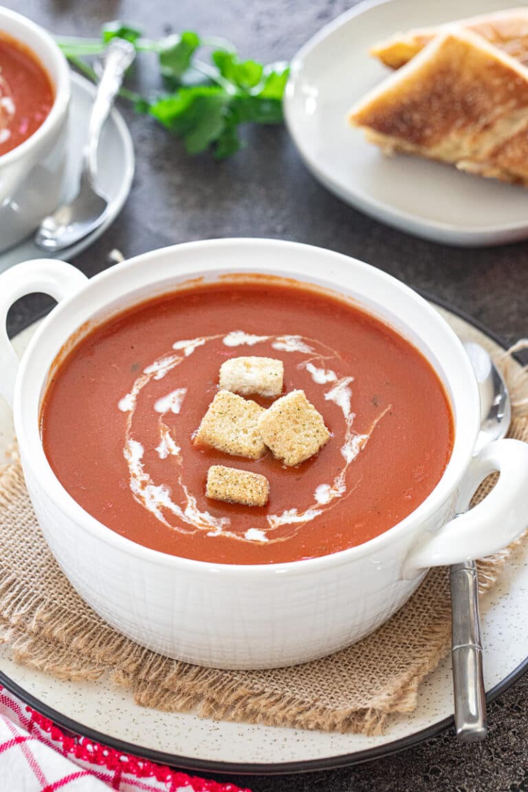 Shorba - Spiced Indian Tomato soup garnished with croutons