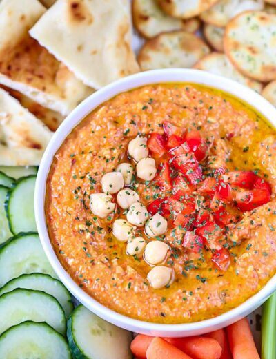 Bell Pepper And Chickpea Hummus in a bowl