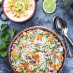 Instant Pot Chickpea and spinach Pulao with raita and lemon slice - Ruchiskitchen