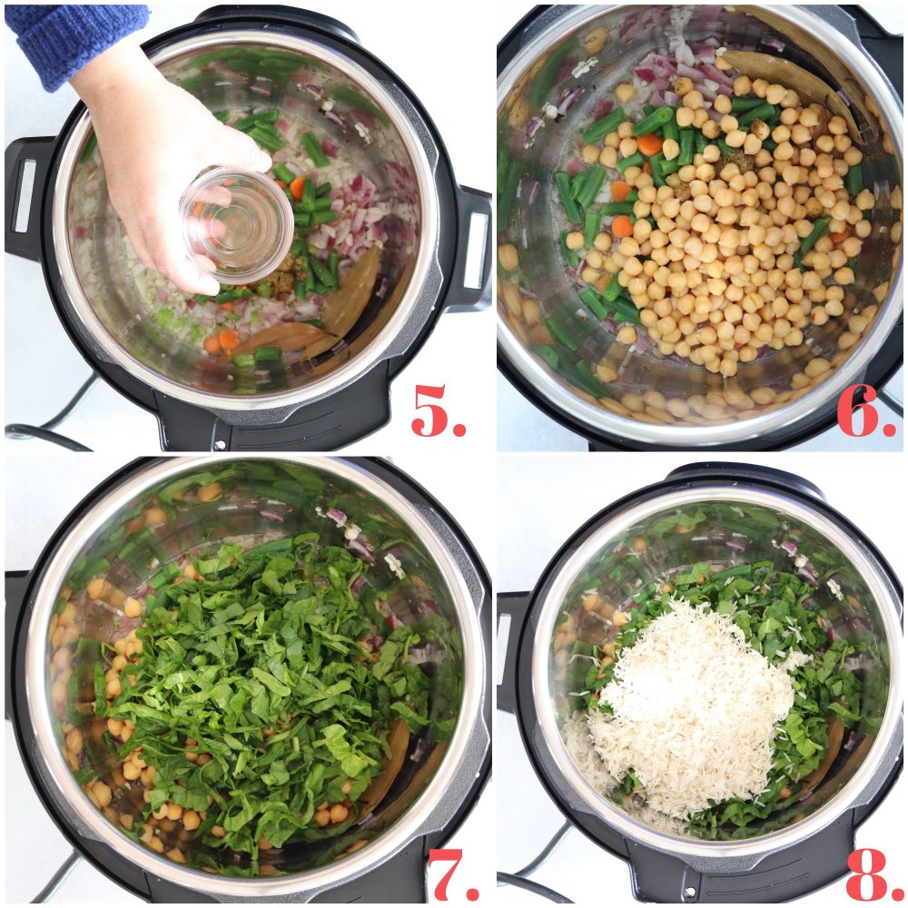 Step by step pictures of making Instant Pot Chickpea and Spinach Pulao