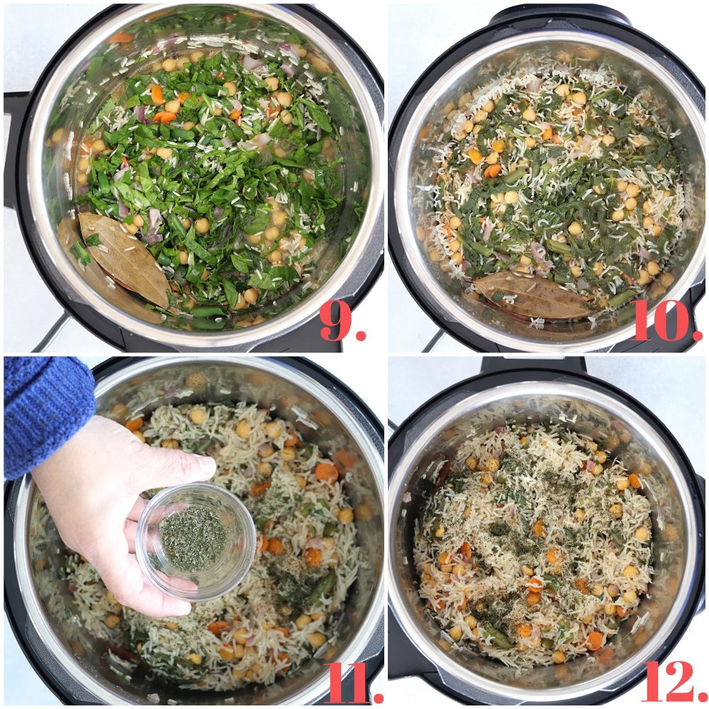 Step by step pictures of making Instant Pot Chickpea and Spinach Pulao