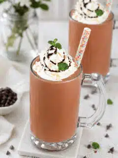 Dark Chocolate Coconut Cooler with straw and served with whipped cream