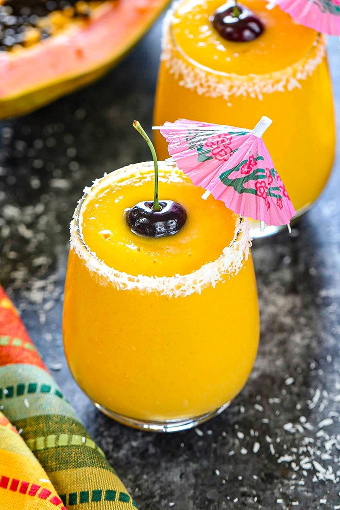Sunshine tropical smoothie garnished with coconut