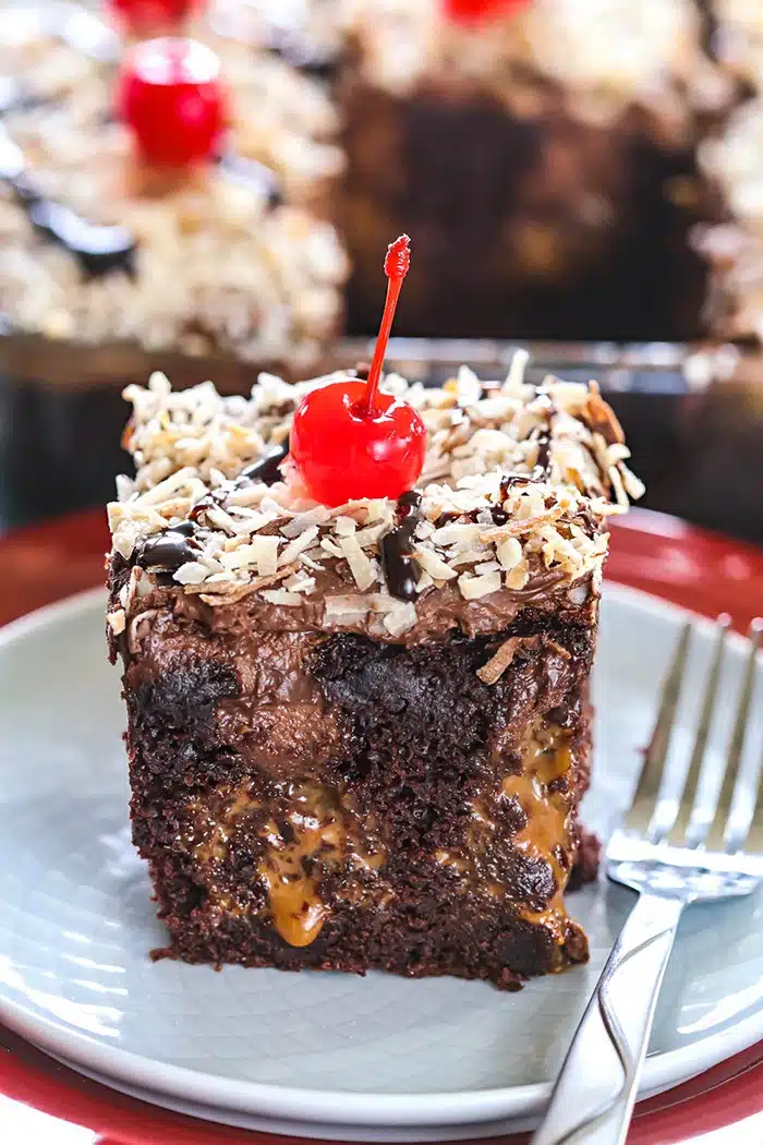 Vegan chocolate poke cake with Dulce-de-leche oozing out