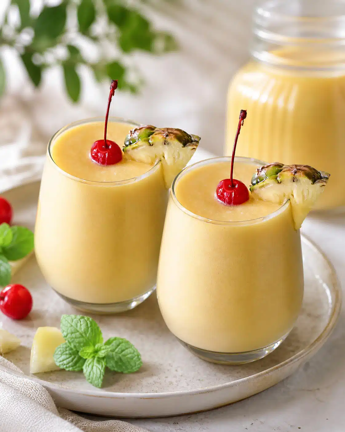 Refreshing tropical pineapple mango drink garnished with maraschino cherries and fresh pineapple