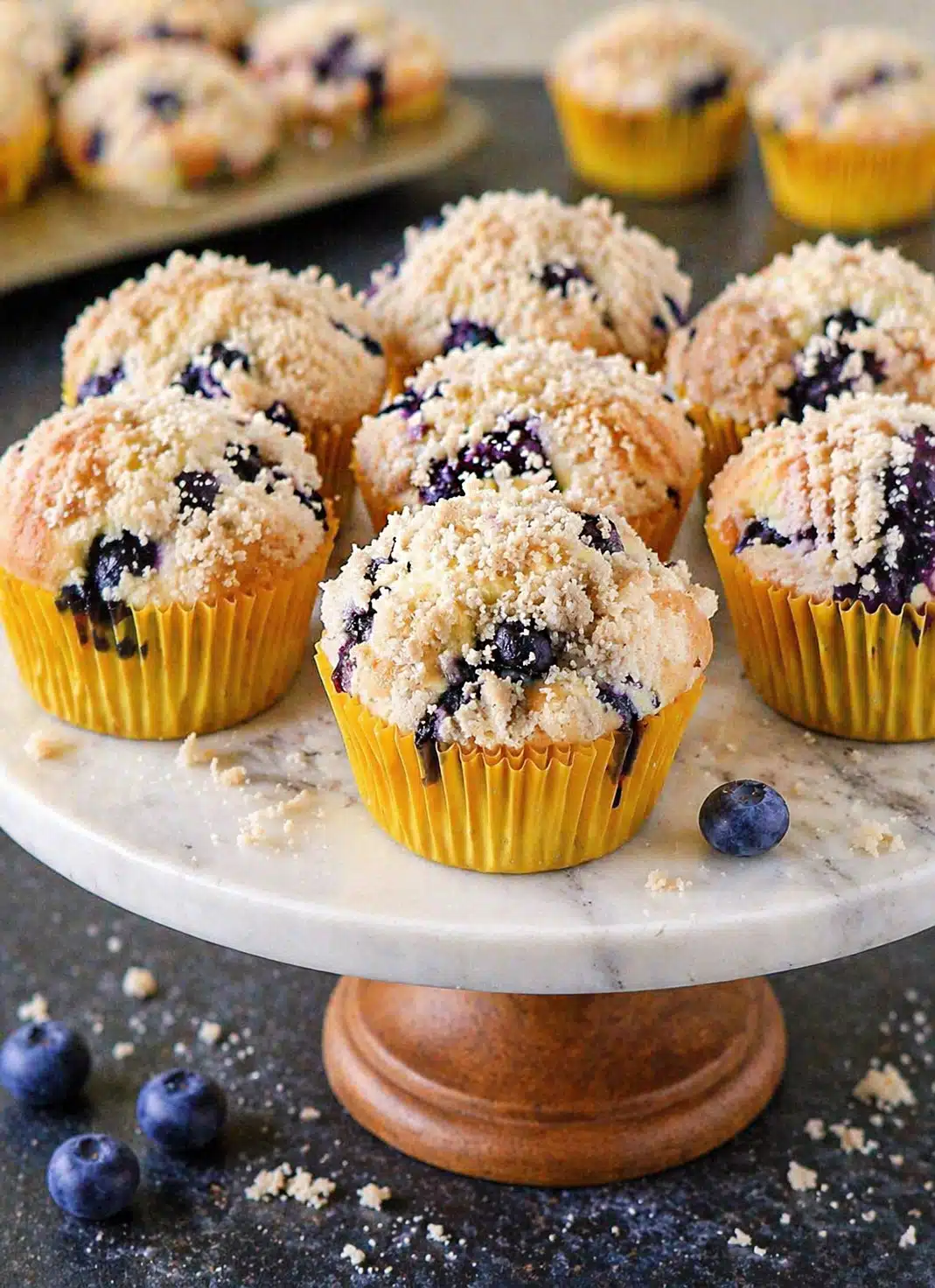 Homemade blueberry streusel muffins with juicy blueberries and cinnamon crumb topping
