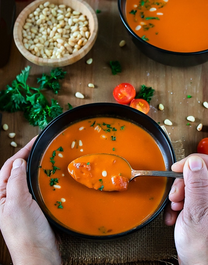 Sip away the hot Instant Pot Roasted Bell Pepper And Tomato Bisque