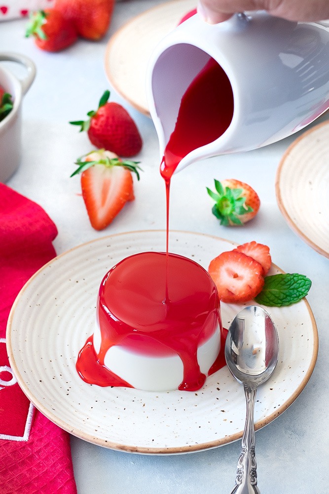 Panna cotta topped with strawberry jelly