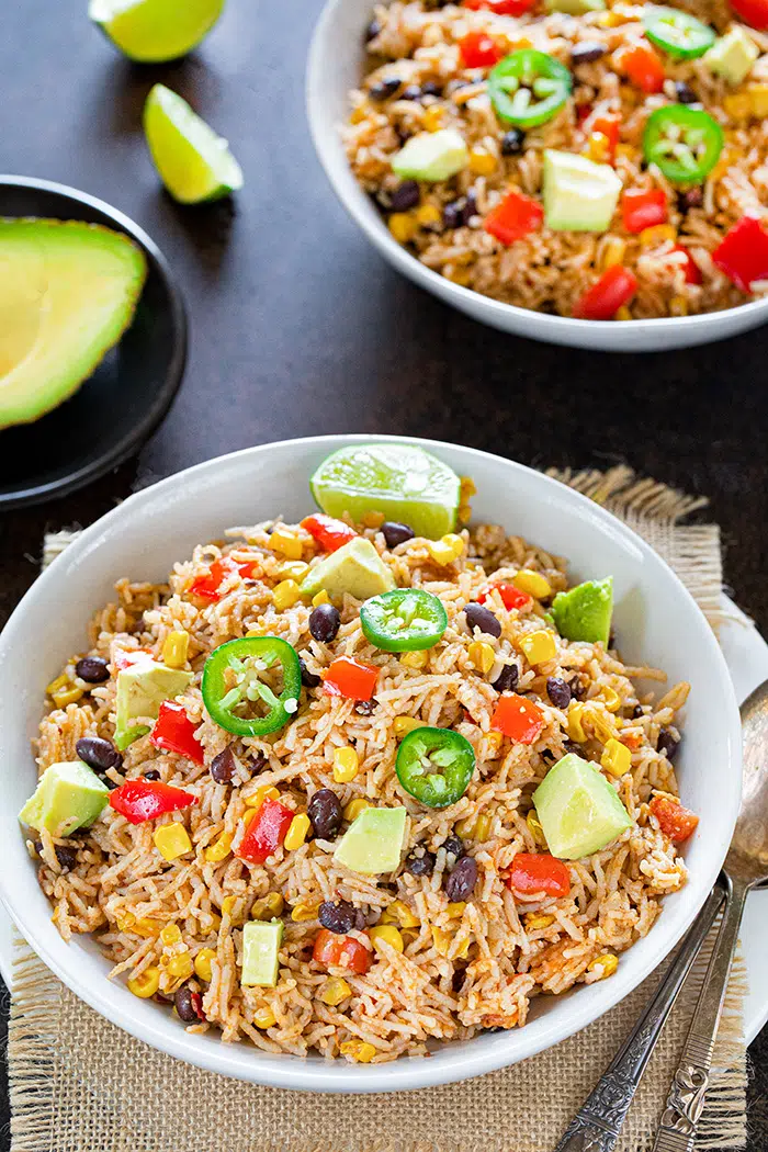 Instant Pot Mexican Rice in a bowl with avocado