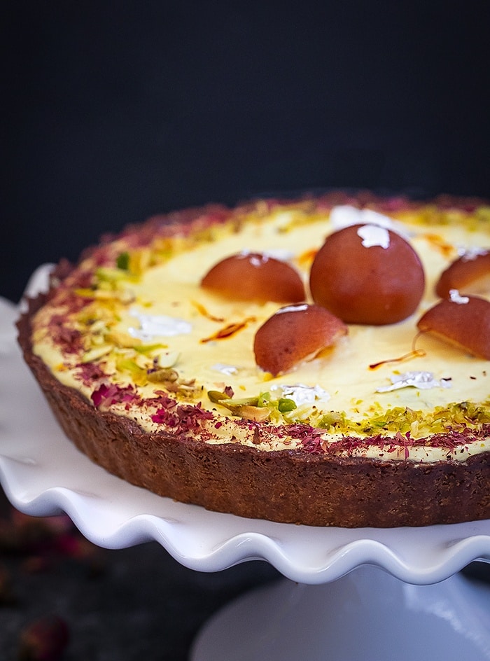 Gulab Jamun Yogurt Tart on a white tray