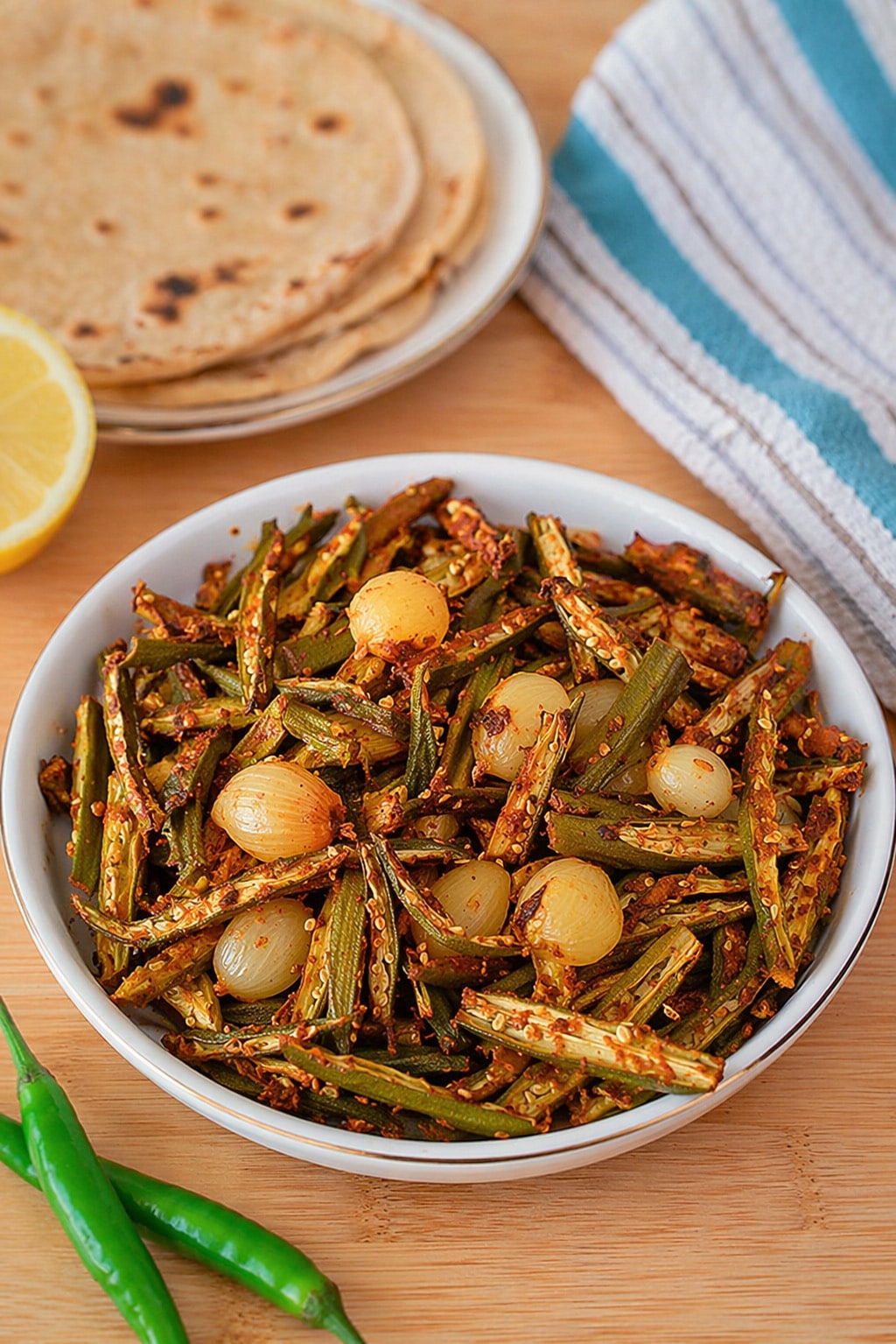 Bhindi Do pyaza served in a white bowl with rotis 