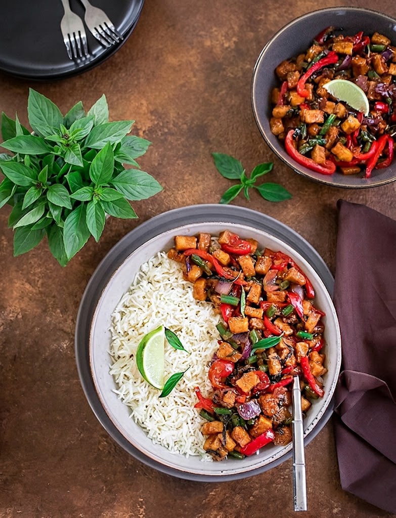 Thai Basil Tofu Stir fry served in a white bowl