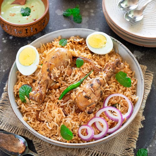 Chicken Biryani garnished with egg slices