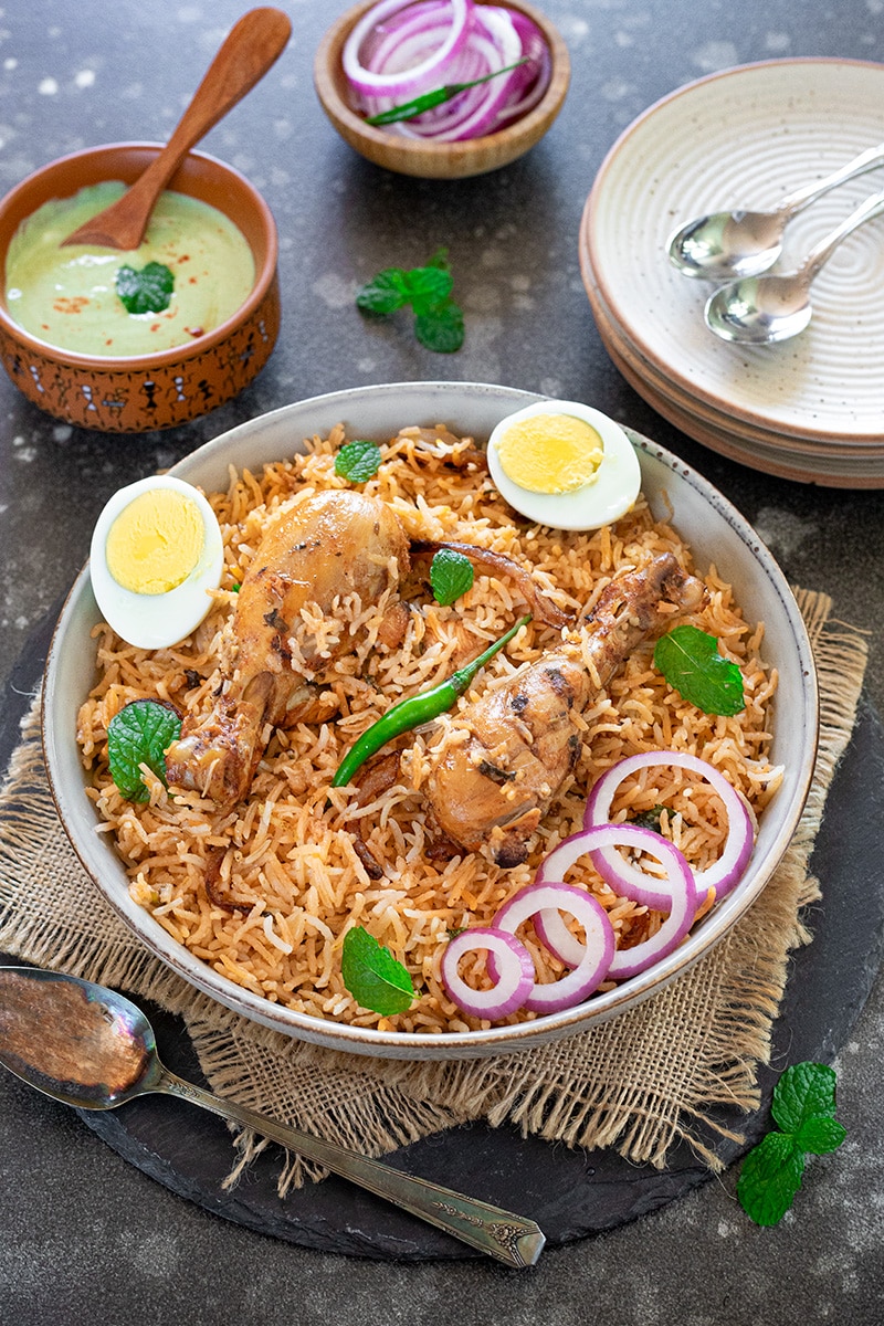 Chicken Biryani garnished with egg slices