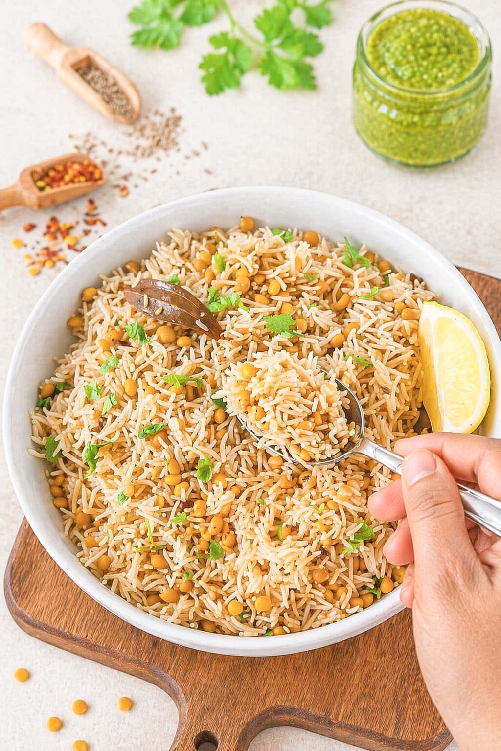 Chana dal pulao served in a white bowl, made with fluffy long-grain basmati rice and split chana dal