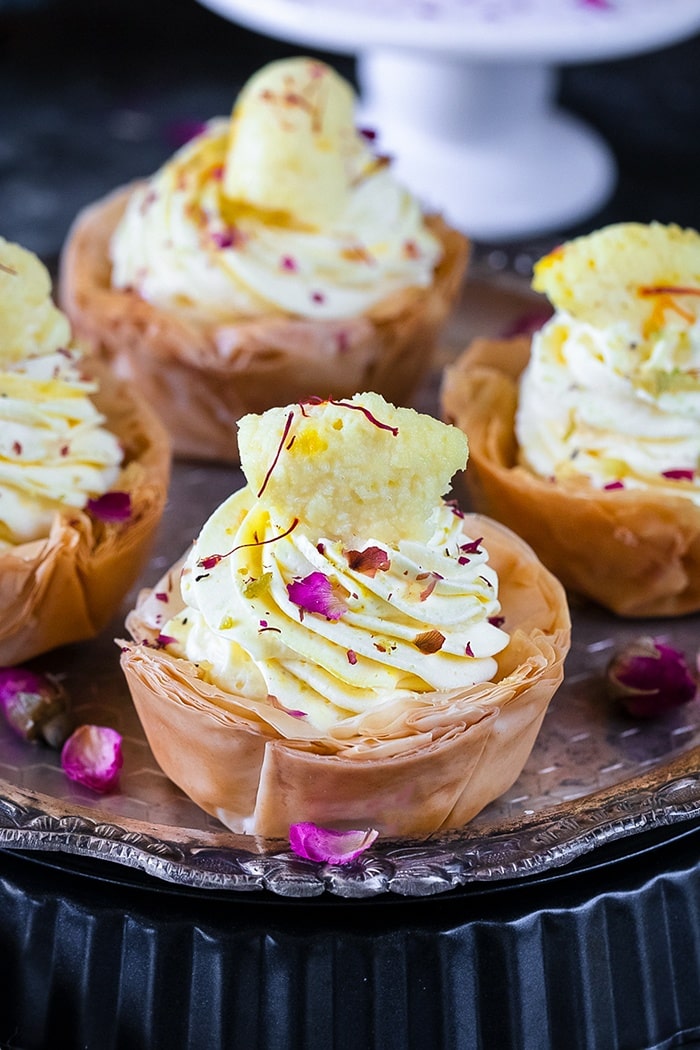 Rasmalai Mousse Phyllo Cups on a tray