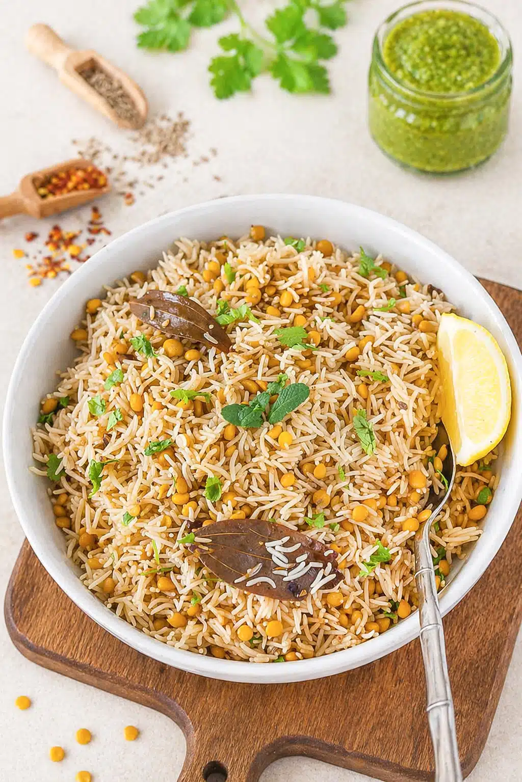 Easy One-Pot Indian Rice Recipe in a bowl with lemon wedge