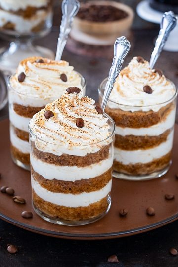 Eggless Tiramisu Trifle Cups on a brown plate