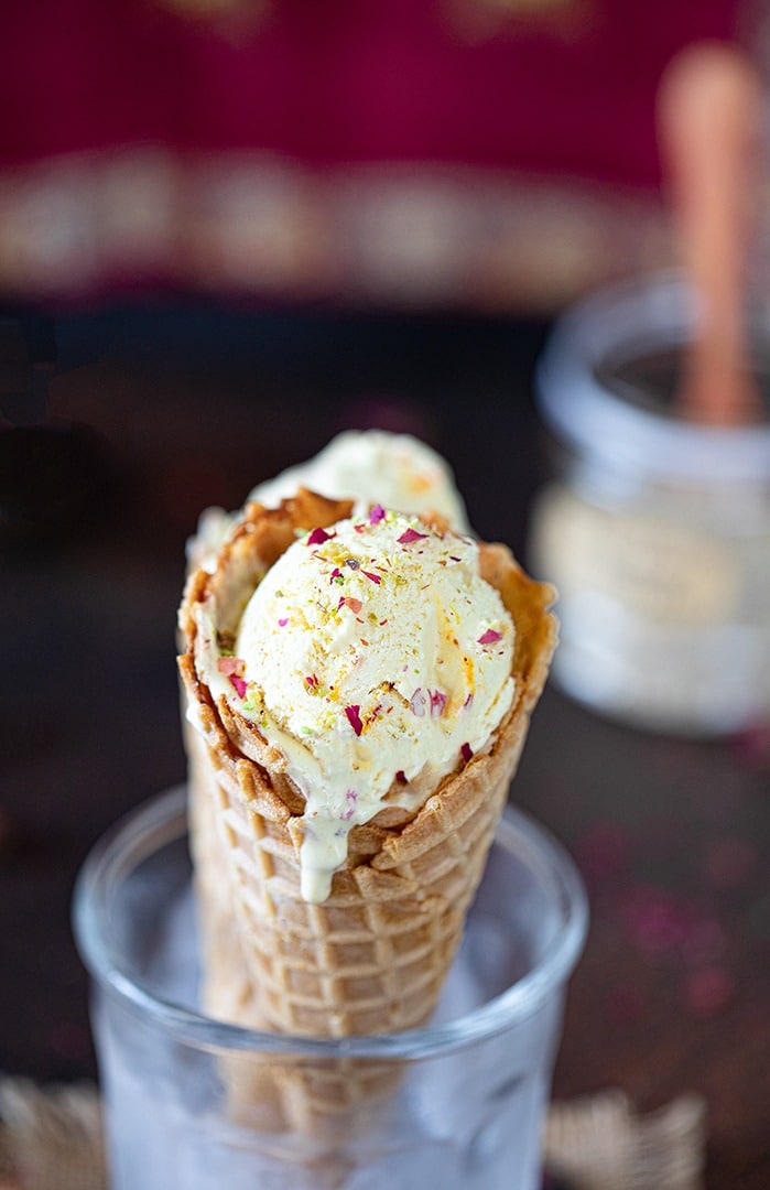 Thandai Gulkand Ice Cream in a cone