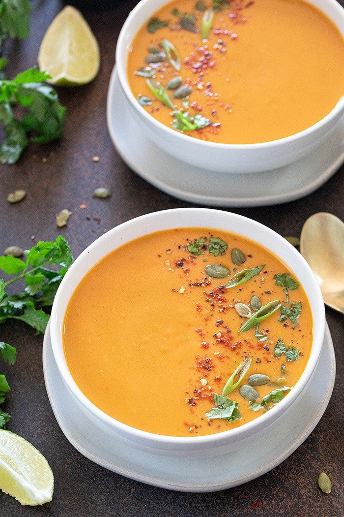 Instant Pot Thai Butternut Squash Soup in a bowl with garnishes