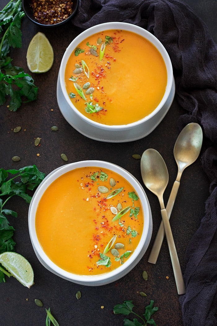 Instant Pot Thai Butternut Squash Vegan Soup in serving bowls