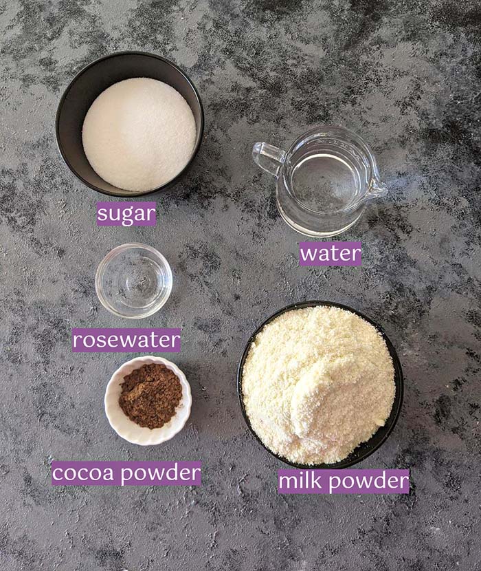 Ingredient list for chocolate swirled peda