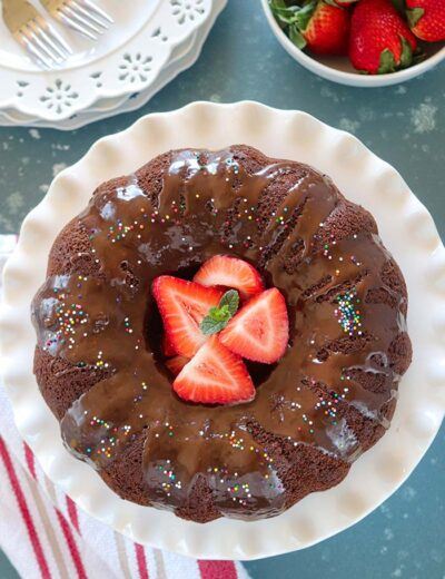 Chocolate Cake on a plate with strawberries