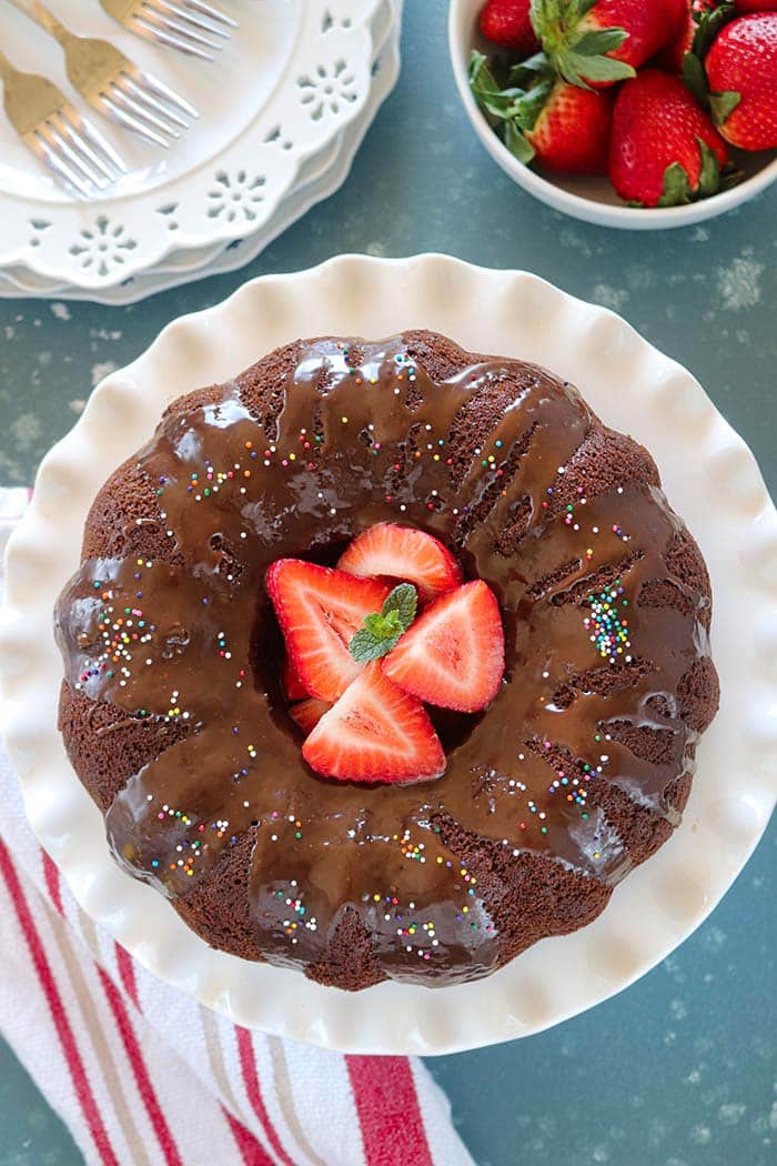 Chocolate Cake on a plate with strawberries