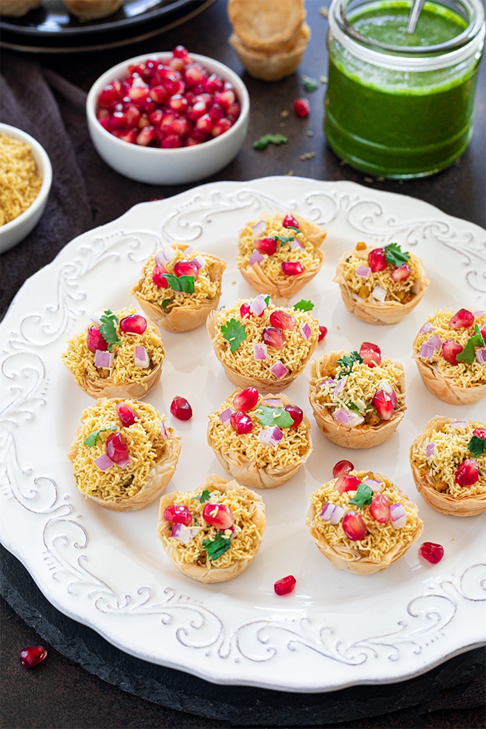 Mini Phyllo cups decorated with kachori filling