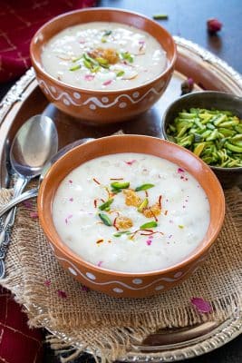 Instant Pot Sabudana Kheer in a bowl garnished with saffron