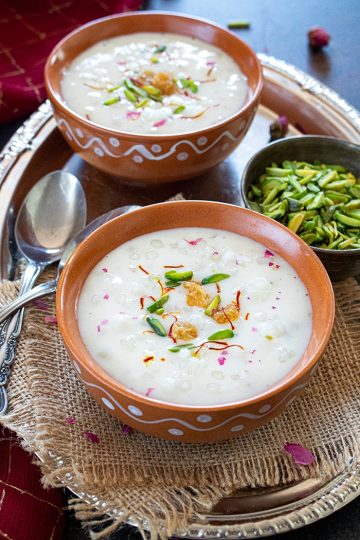 Instant Pot Sabudana Kheer in a bowl garnished with saffron