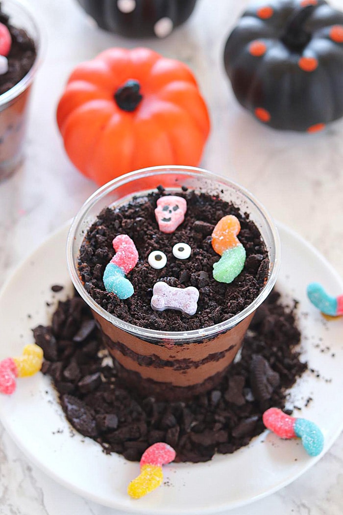 Chocolate Brownie Halloween Dirt Cups in a dirt plate