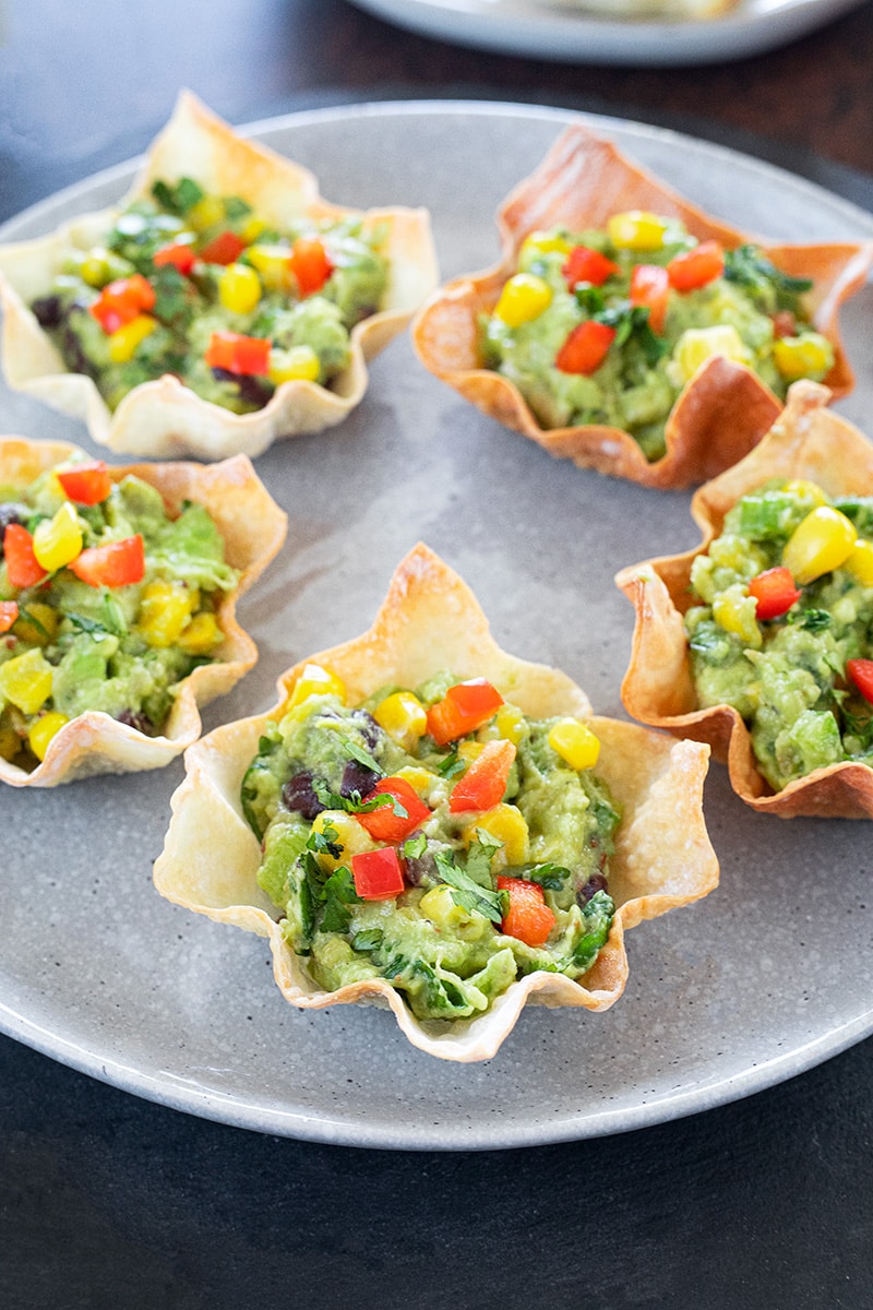Avocado wonton bites on a plate